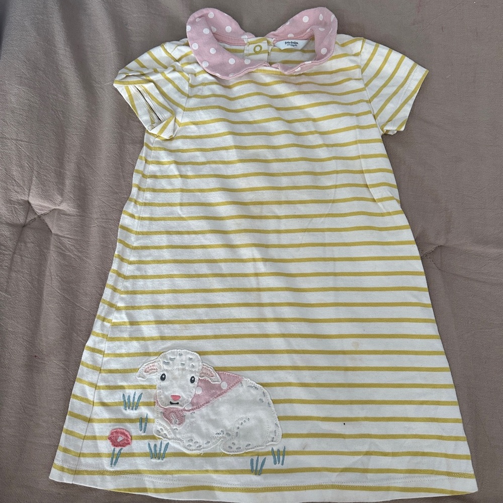Yellow Striped Dress with Pink Collar and Lamb Design 2-3yrs